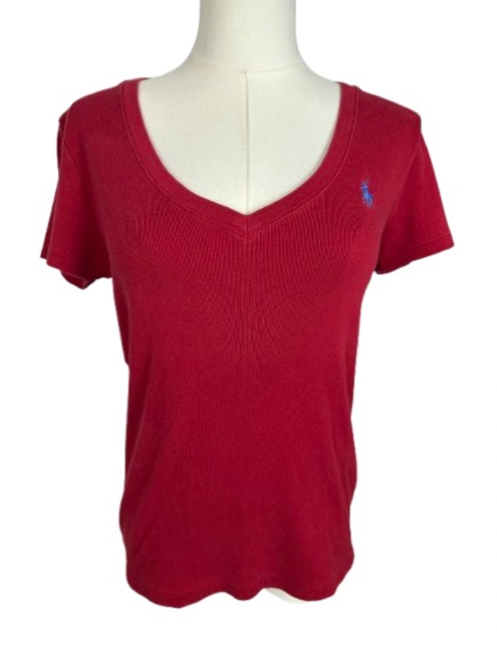 Ralph Lauren Women's Red V-Neck Short Sleeve Tee with Blue Pony